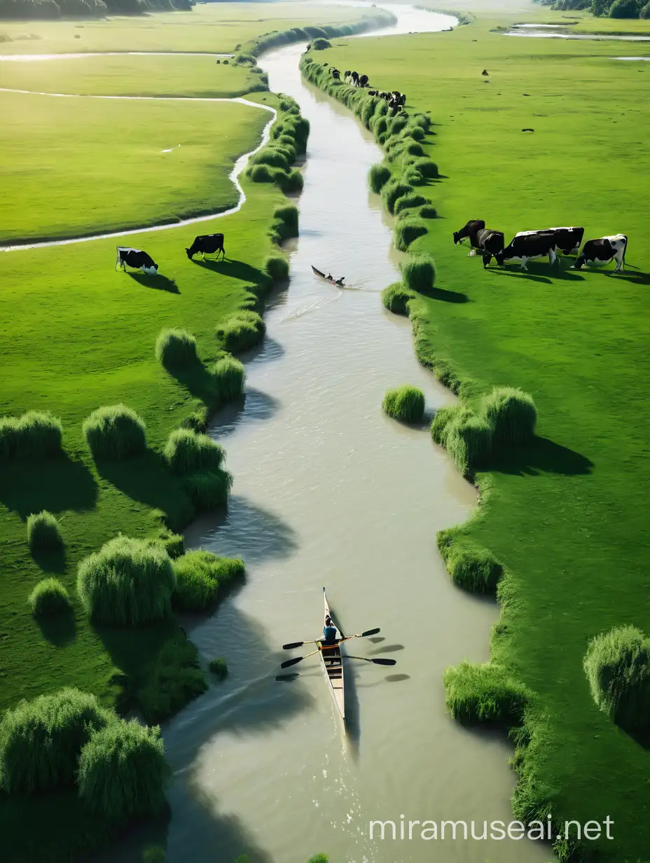 长满青草碧绿的大草原，草原上有少数几只吃草的黑白色奶牛，中间一条笔直的河流穿过，河流的水是白色的，河流中有一个正在划船的年轻人，写实风格，8K，上空俯视图，远景