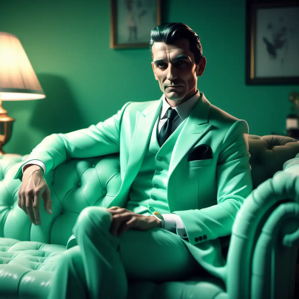 Elegant Man Relaxing on MintColored Sofa with Characteristic Decor