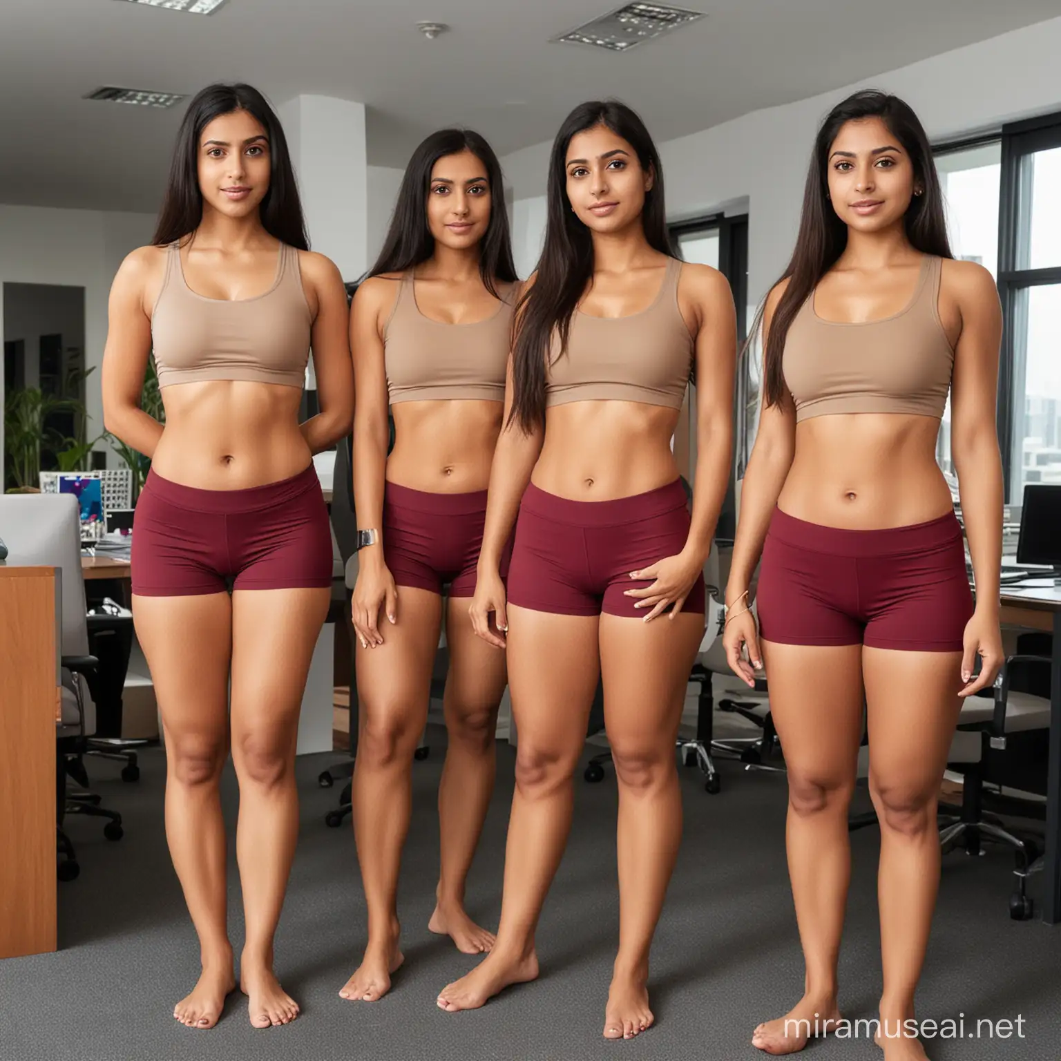 acing back four   indian youg working women inside office  wearing  camel toe maroon yoga shorts 