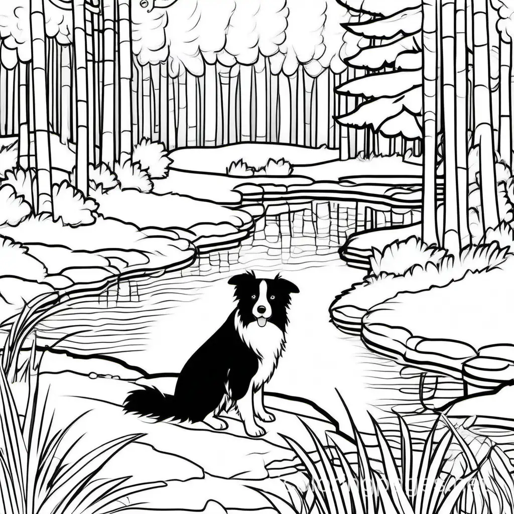 black and white border collie looking at the pond by the woods, Coloring Page, black and white, line art, white background, Simplicity, Ample White Space. The background of the coloring page is plain white to make it easy for young children to color within the lines. The outlines of all the subjects are easy to distinguish, making it simple for kids to color without too much difficulty