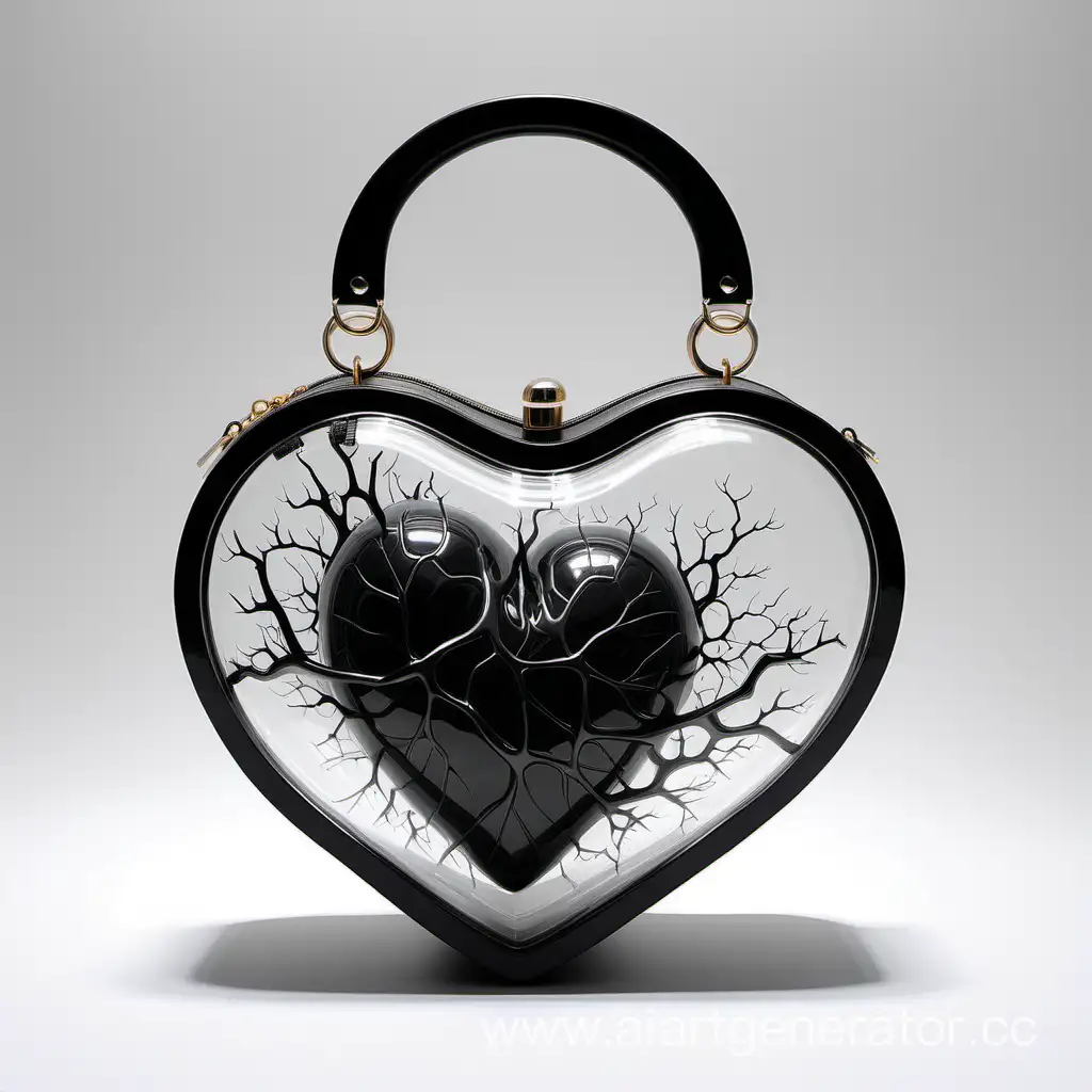 A small transparent heart-shaped women handbag. Black paint is injected into the transparent walls of the bag. The black paint design resembles blood vessels. There is an engraving on the bag: "You are my heart".

The bag has two pairs of handles - long for the shoulder and short for holding it in your hands