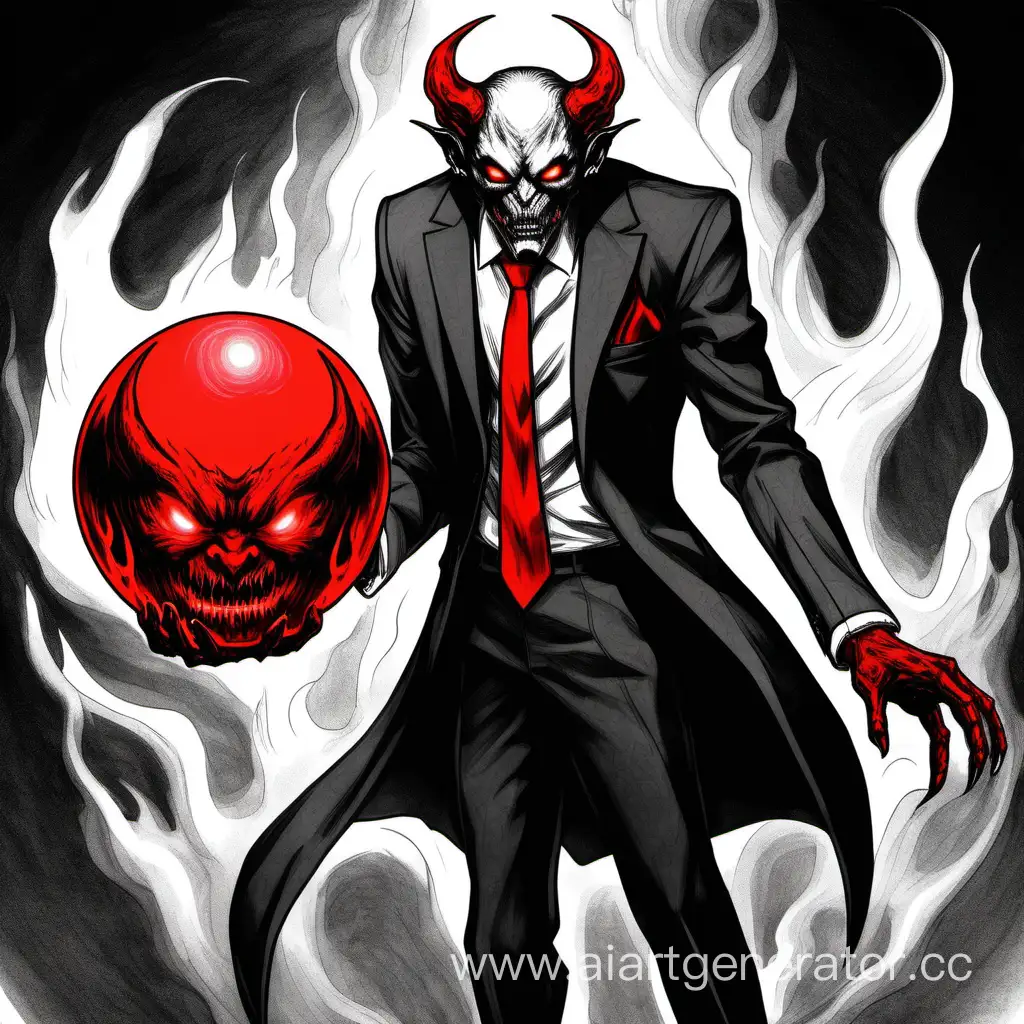 черно-белый демон в костюме держит красный огненный шар 