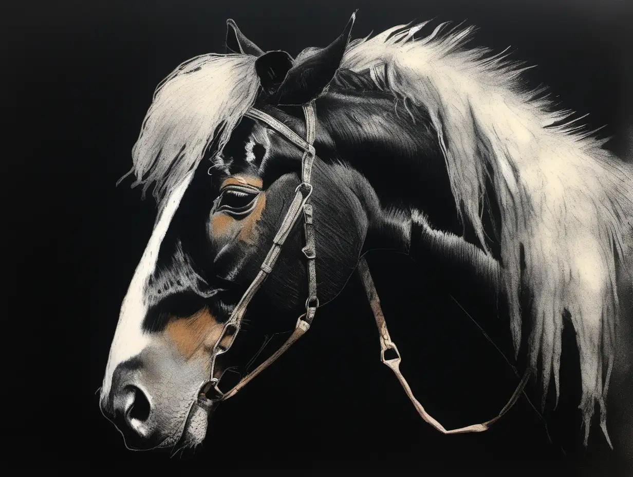 old tired sweaty workhorse, brush-like, ruff painted style, white pastel on black paper, watercolor on top