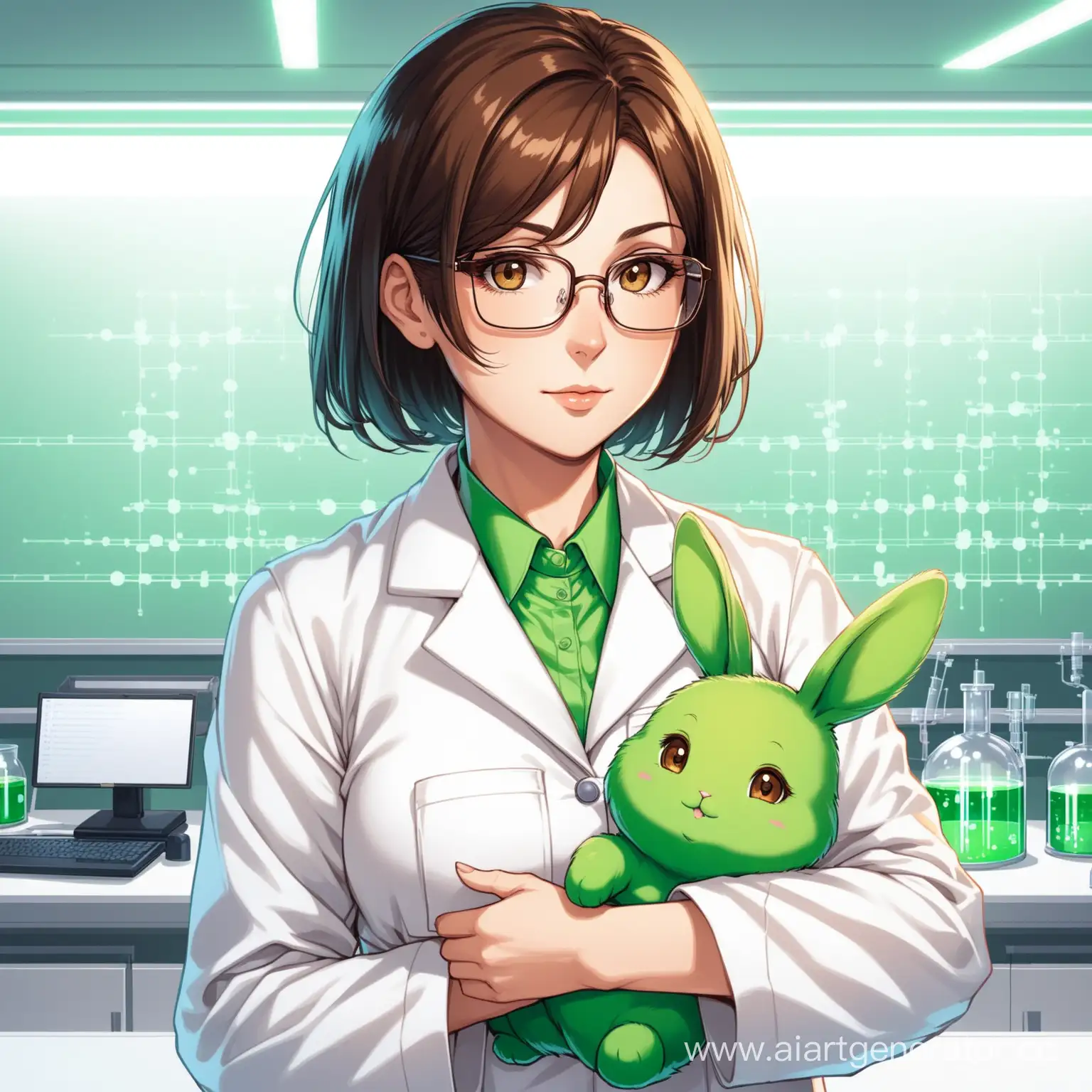 женщина-учёный, лет 40, в белом халате и очках, симпатичная шатенка с короткой стрижкой и большими карими глазами, держит на руках зелёного кролика