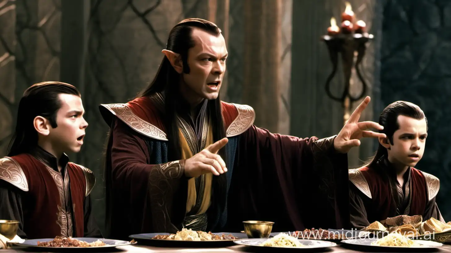 Elrond scolding his two sons while sitting at the feast for mentioning the family jewels.