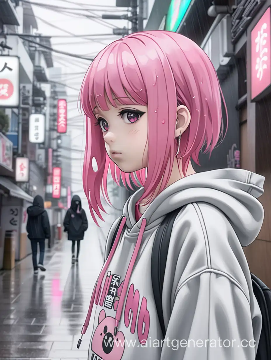 Anime girl with pink hair, in a hoodie, very sad, walking through rainy Tokyo