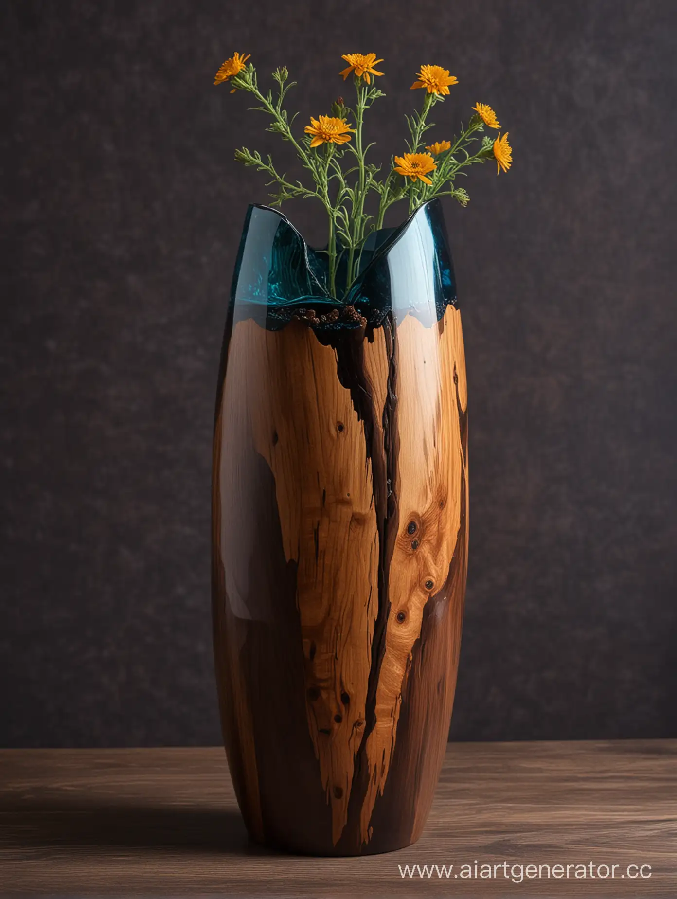 Handcrafted-Wooden-and-Epoxy-Resin-Vase-on-Dark-Brown-Background
