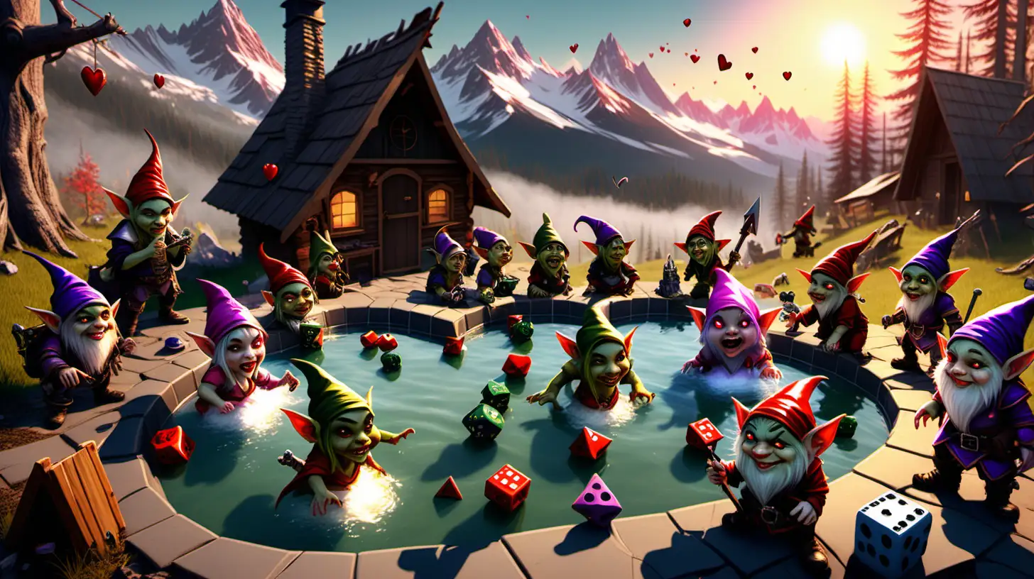 a group of cute goblins and pretty orcs and fantasy elves, and cute little female gnomes all gathered together bathing in a hot spring near a cabin in the mountains, piles of dice and adventuring gear are all around the ground, in the background a sun rises in the shape of a heart
