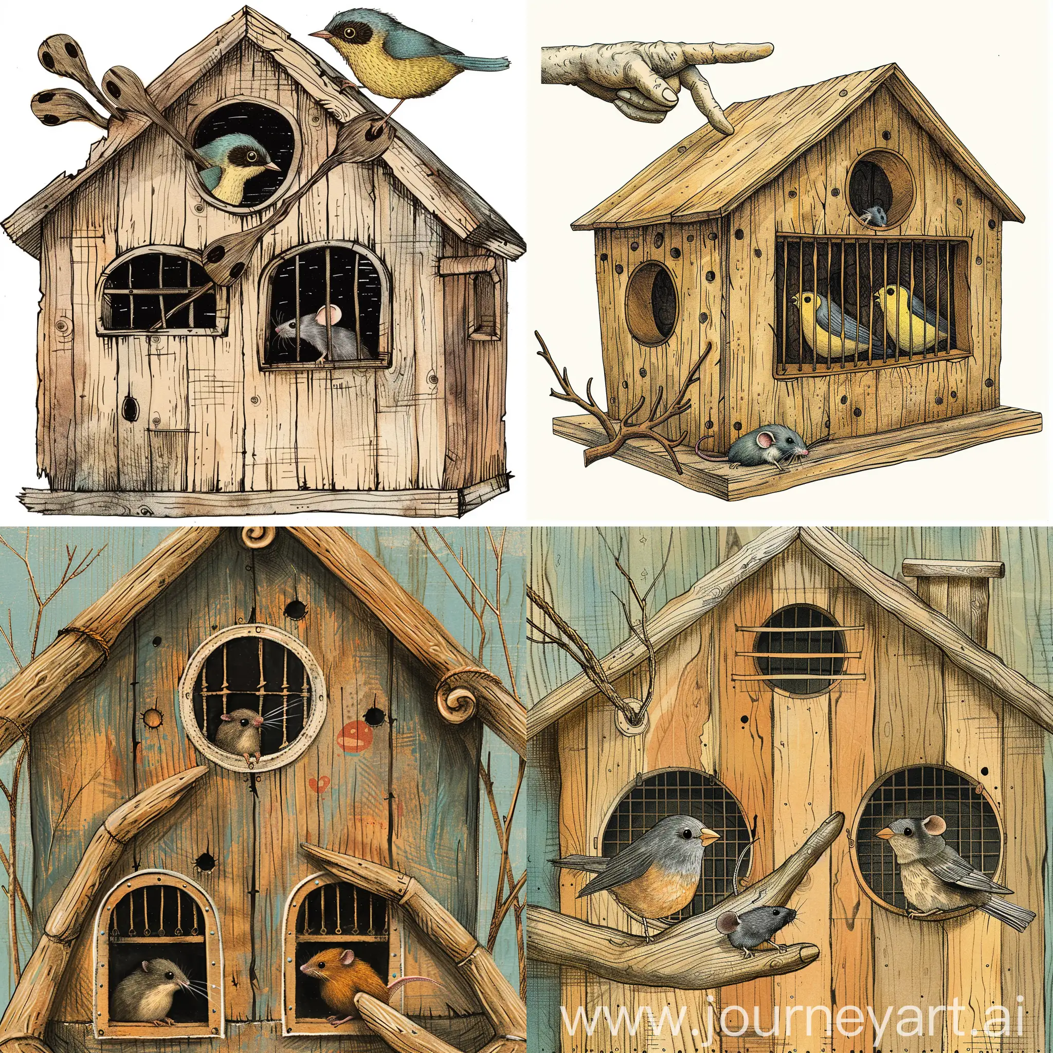 House-shaped birdcage made of wood with vintage twig hands, windows and holes、Two birds are peeking out of the holes, outside stands ((small rat)). Twig hand pointing to mouse (focus), simple image pattern、Hand drawn, Easter colors, abstract, cheerful, whimsical, funny, children's storybook style