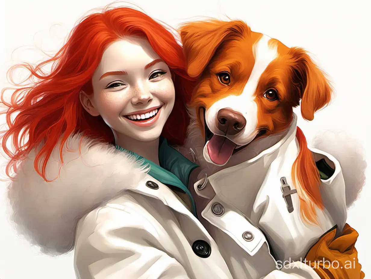 A red-haired girl with an off-white coat and white pants with a bright smile and a dog in her arms