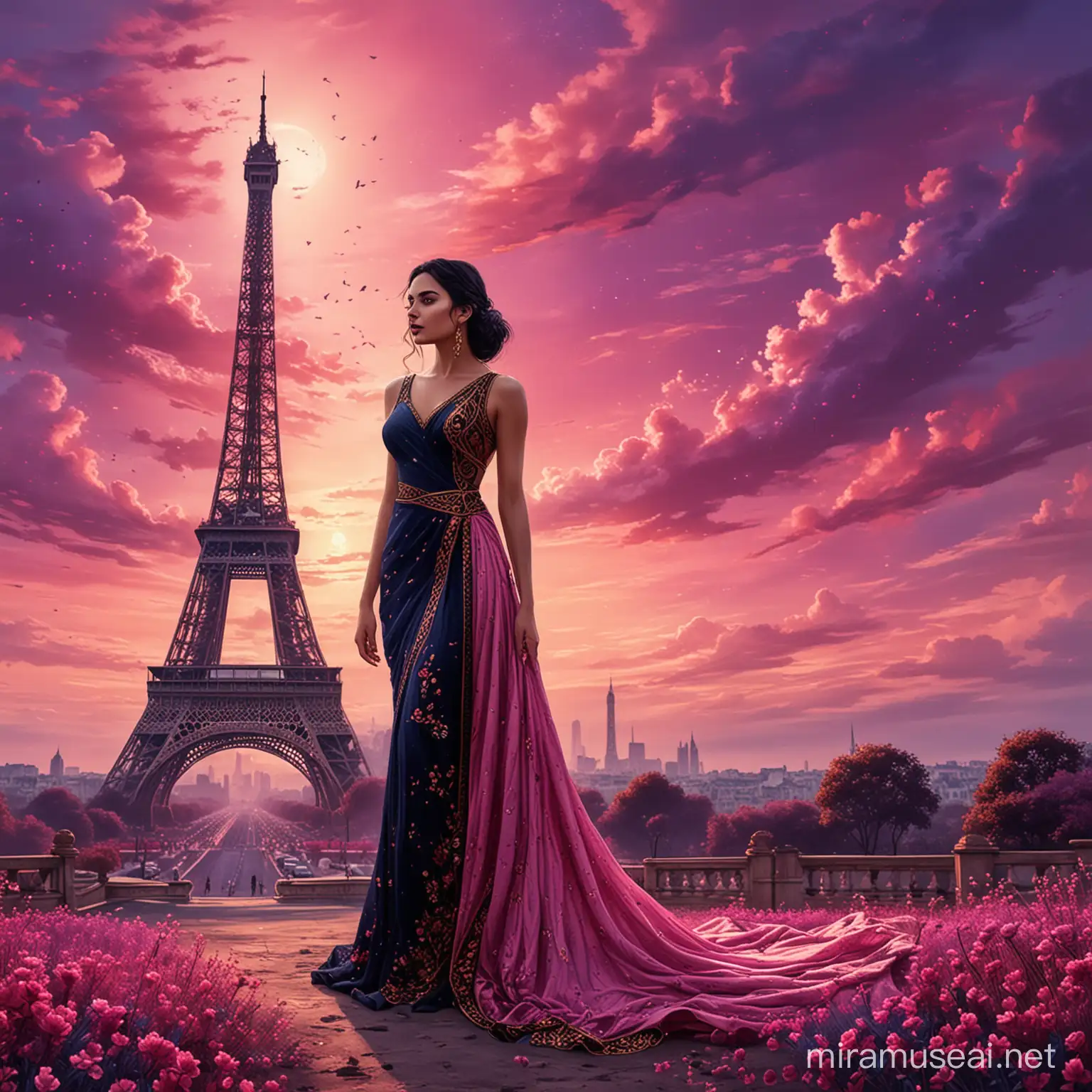 A beautiful woman, standing up on dark purple dust, surrounded by dark pink flowers. Long black braid. Long elegant dark red and blue dress, haute couture, sari tissu. Background dark pink sky. Background beautiful tower effel decorated with golden light. Digital art, illustration, digital illustration, digital painting