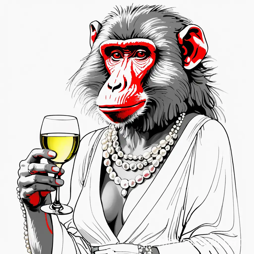 sketch or drawing pretty 
female baboon with lipstick on her lips and flower in her hair and pearl necklace on drinking white wine out of wine glass don't want to show nipples. Arm in front of chest wearing a grandmother dress
