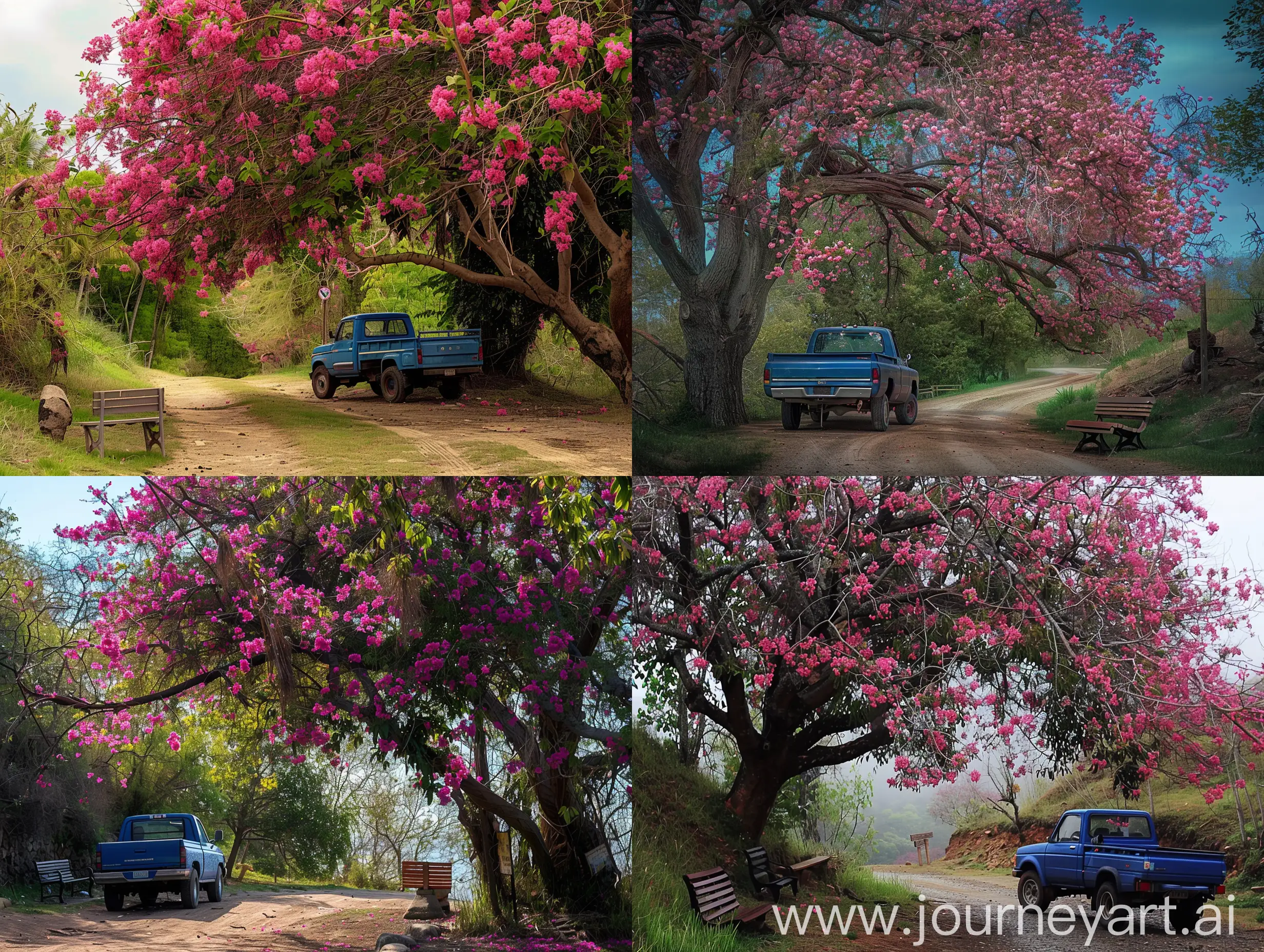 A blue truck is parked on a dirt road under a tree with pink flowers, and there's a bench nearby.
