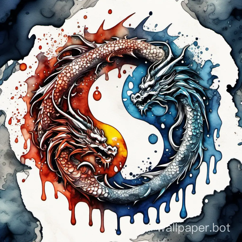 magical Bohemian yin yang  of dragon,  high contrast dripped fluid watercolor, explosive dripped texture, ornate detailed illustration, octane render, sticker style, sticker art
