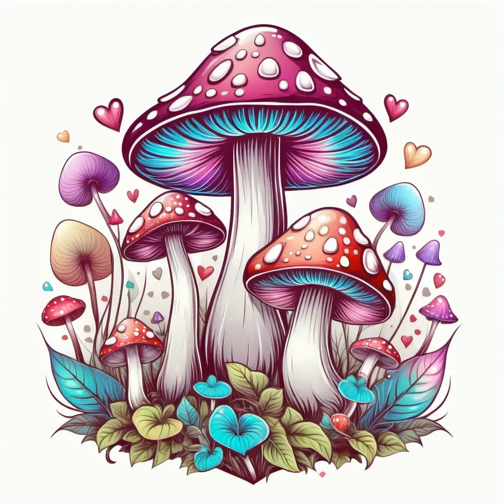 FAIRY MUSHROOM, VERY COLORFUL PASTEL COLORS
VALENTINE THEME illustration, with great details, flawless line art, white background 
