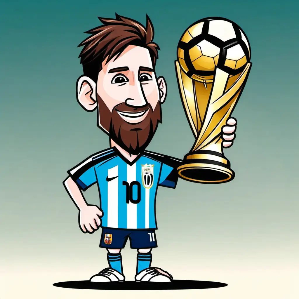 Cartoon Messi Celebrating Victory with the World Cup Trophy