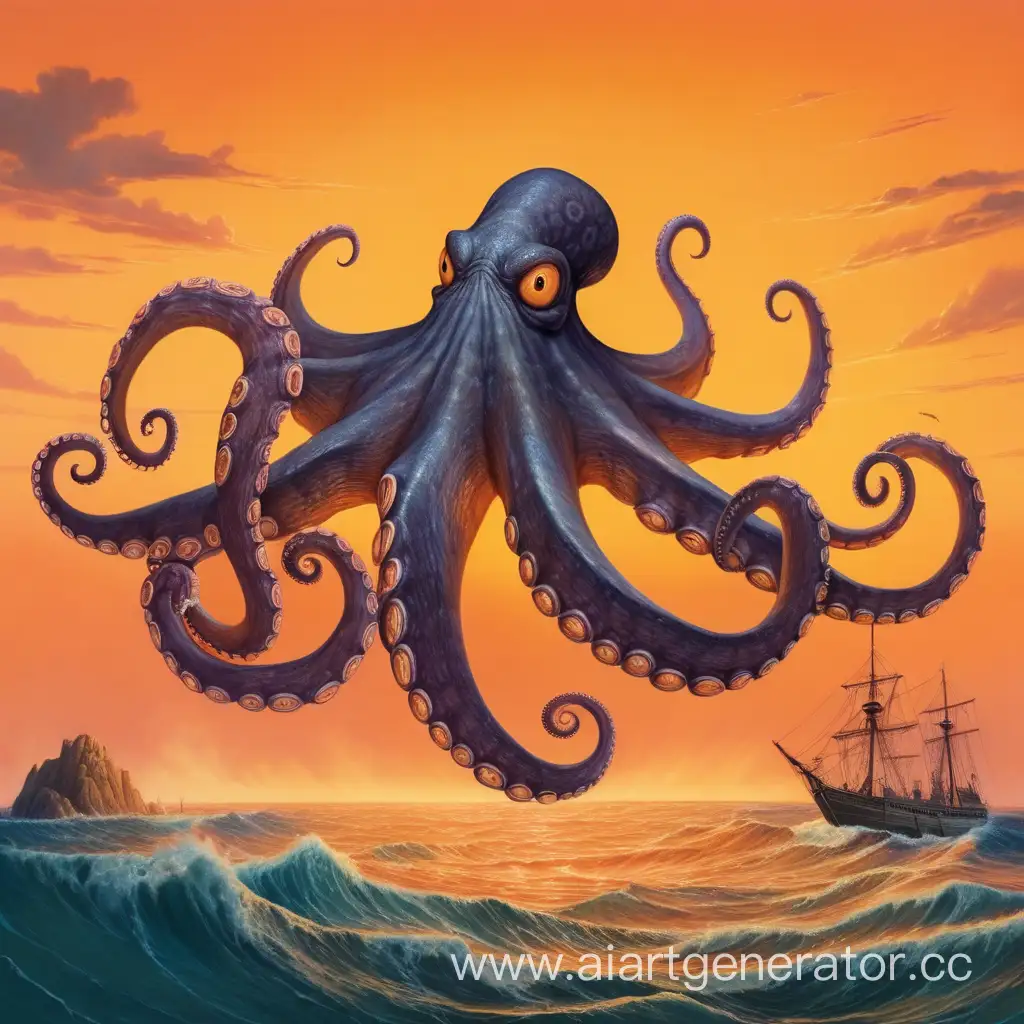 Orange-Sky-Sea-Monster-Majestic-Octopus-Emerges-from-the-Depths