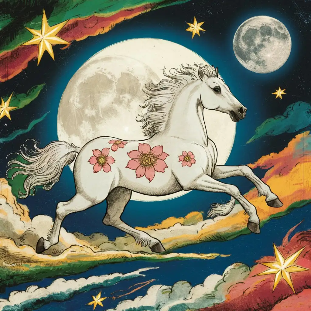 Vintage Illustration, Art Deco Style, white wild horse, stars in the sky, Moon in the background, lively Colors, Flowerpattern
