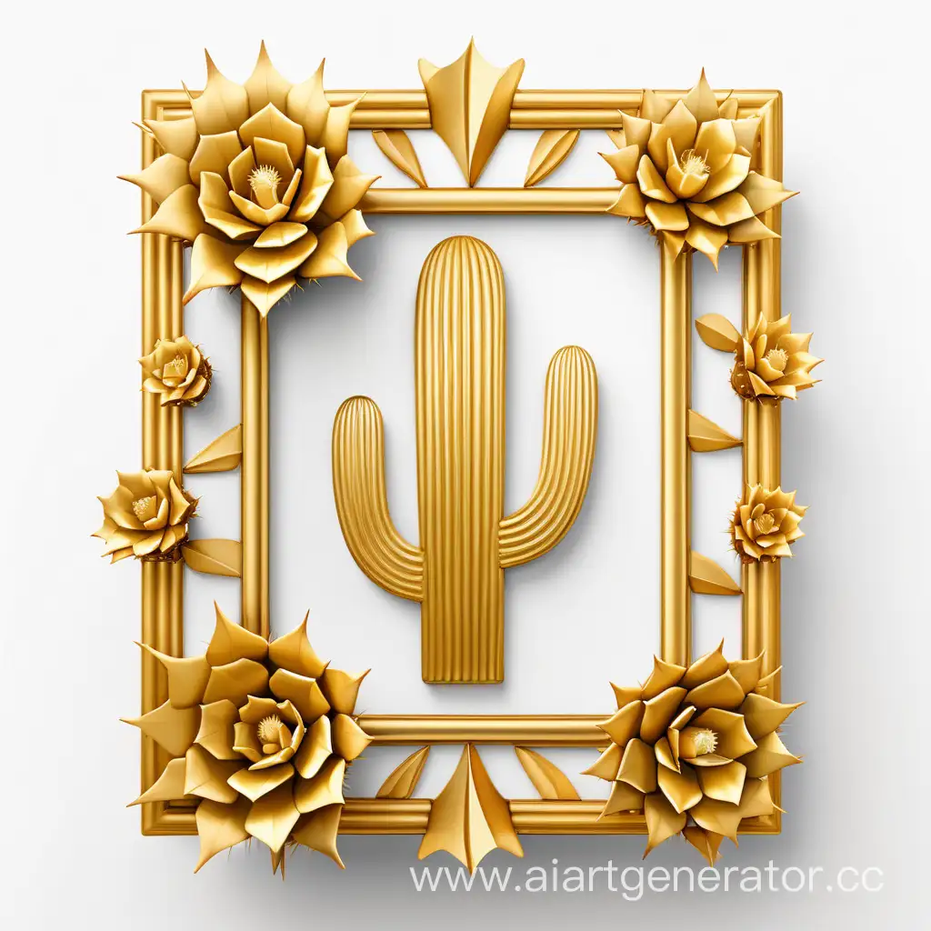 simple icon of a 3D golden cactus vintage frame, made of golden cactus. white background.