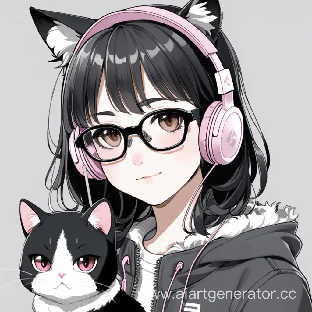 Adorable-Anime-Girl-with-Black-Hair-Pink-Gaming-Headphones-and-Cute-Cat