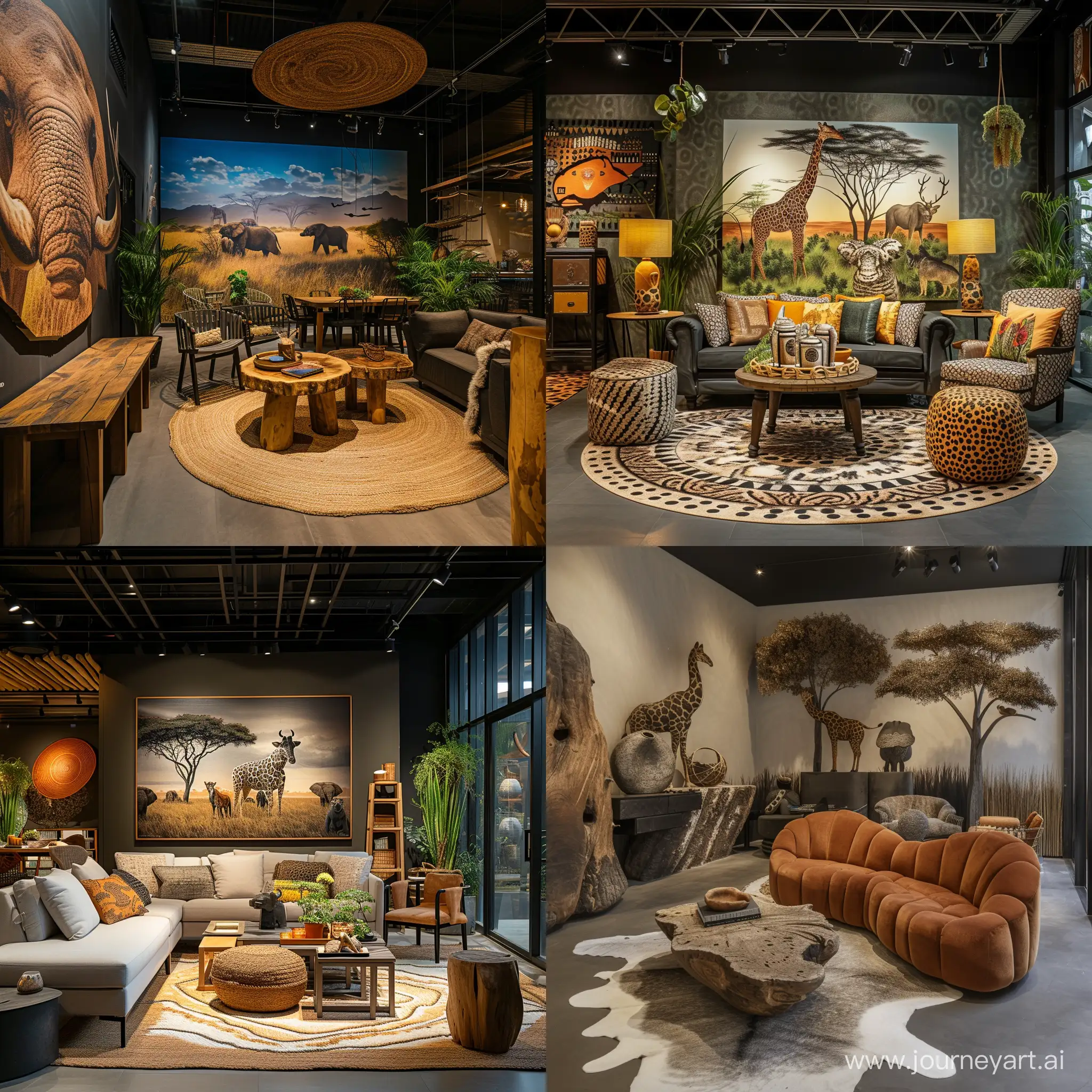imagine Welcome to the 'Serenity of the Savannah' showroom, an immersive 45 square meter space meticulously designed to showcase the Animal Safari Collection. This showroom brings the essence of the African savannah indoors, accentuated by sustainable design principles and materials.african style interior