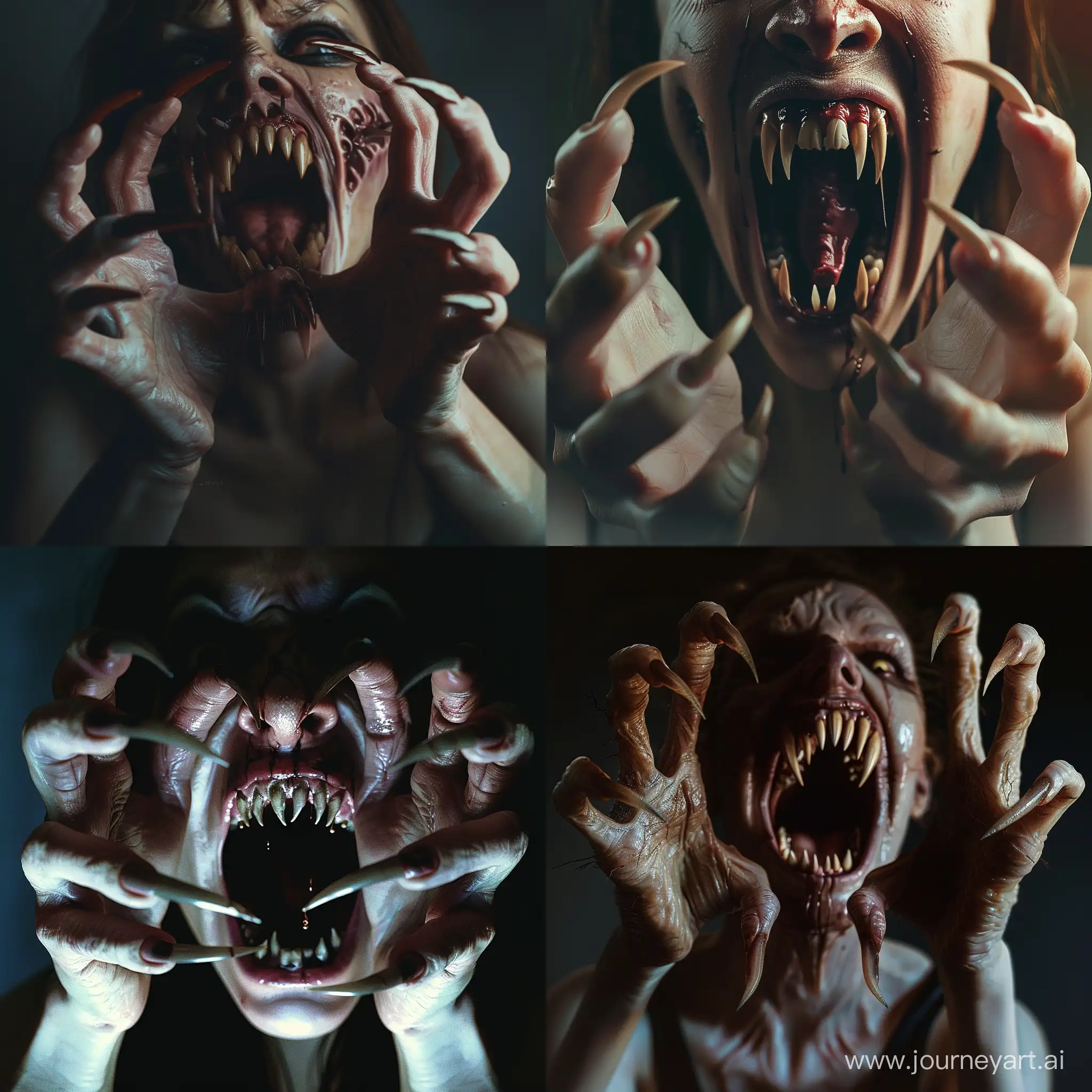 A horrifying nightmare scene of aggressive curvy zombie woman with extra long curved pointed nails like menacing claws on her five-fingered hands, her mouth is open with pointed sharped teeth, resembling fangs, she attacks you, scene inside darkness, hyper-realism, cinematic, high detail, photo detailing, high quality, photorealistic, terrifying, aggressive, sharp teeth-fangs, dark atmosphere, realistic detailed, detailed nails,  atmospheric lighting.