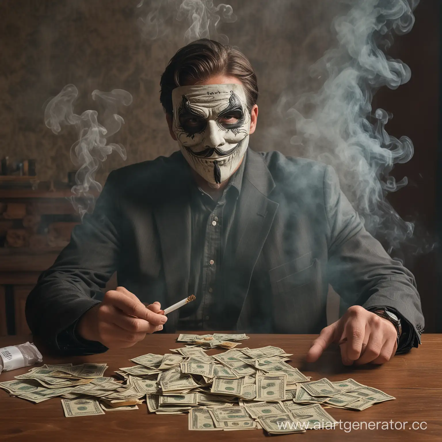 Человек в маске сидит за столом с сигаретами деньгами и дымом