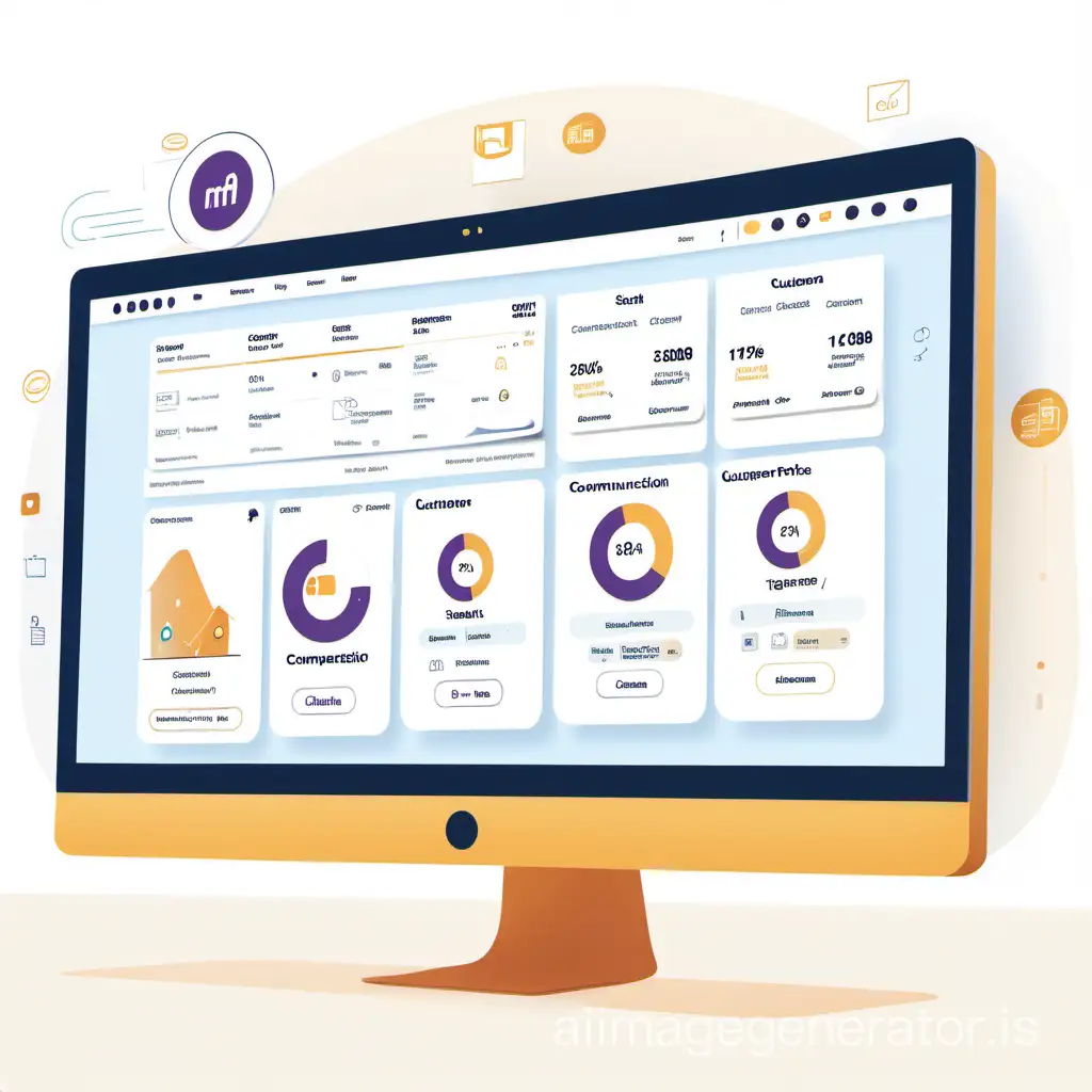 Scene: A computer screen displaying a CRM interface.
Details:
Show a dashboard with visual representations of key metrics like customer satisfaction score, sales pipeline, and support tickets.
Include icons representing different customer profiles or segments.
Depict a split screen with a customer profile on one side and communication tools (chat, email) on the other.
Style: Clean and professional, with a focus on usability and clarity.