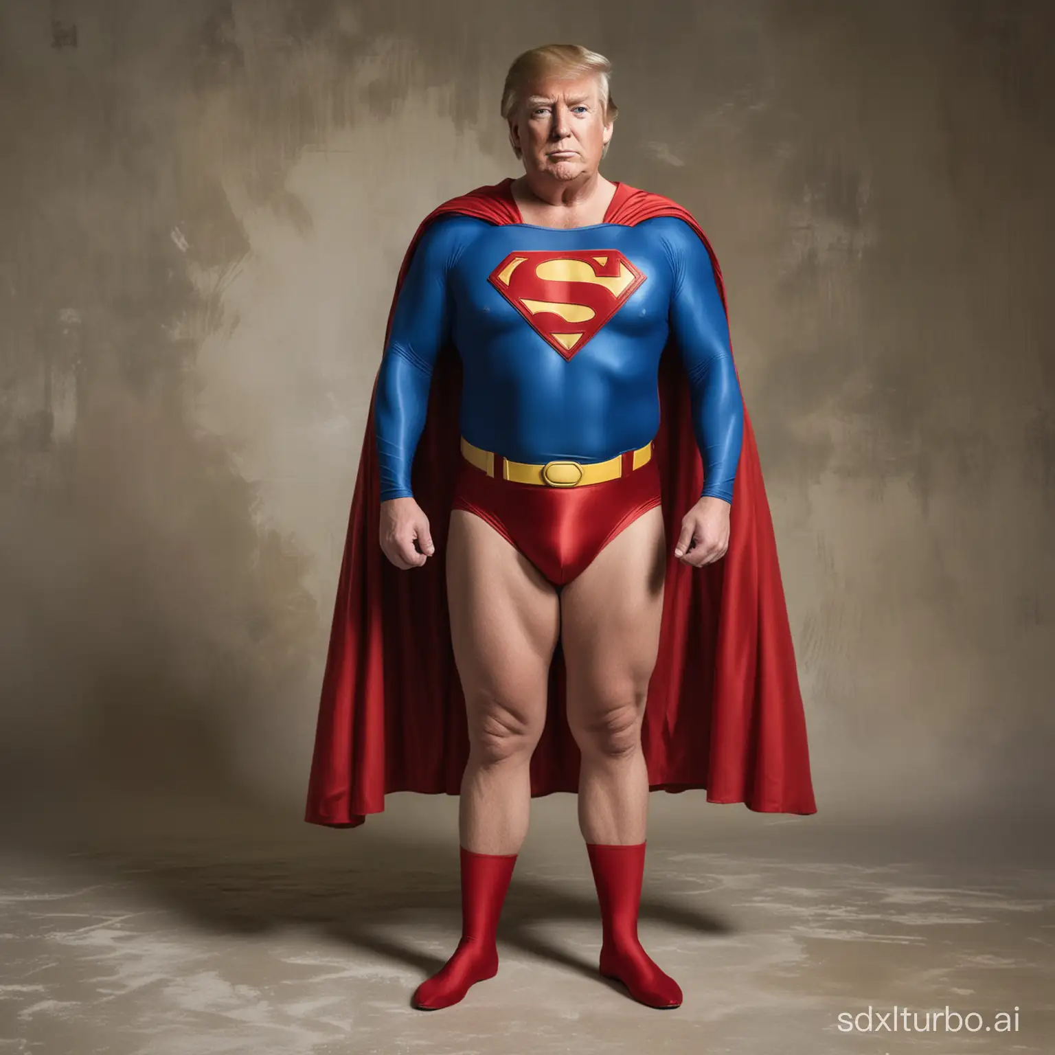 Full-body portrait of Trump, wearing Superman costume, shorts, cape