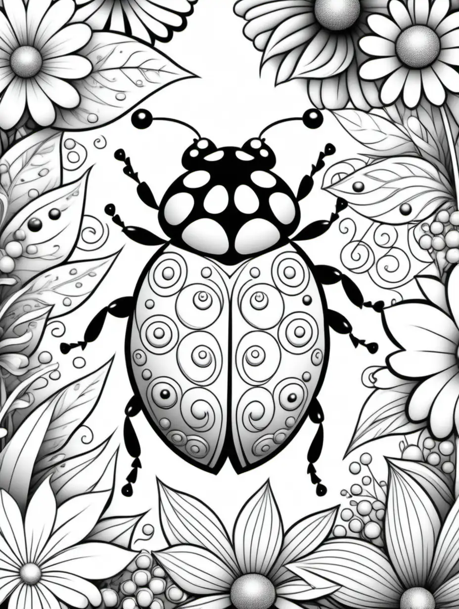 lady bug, coloring book page, doodle floral art background, black and white, thick black lines, clean edges, full page, color by number