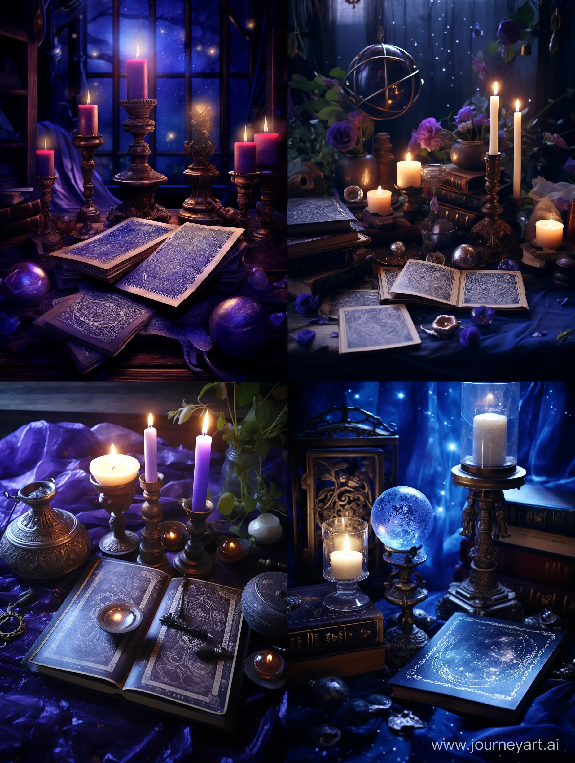 The subtle hues of the night sky shimmer into deep violet and indigo hues, making you feel as if you were under the vaults of a starry sky. A thin beam of light shines through the clouds, illuminating a Tarot deck spread out on an antique table.

The wood table, covered with a mysterious rune pattern, adds to the atmosphere of magic and antiquity. Each card rests on the table, like a bridge between the world of reality and the mysterious world of symbols and archetypes.

The backdrop is complemented by elements of nature: branches of woody trees fringed with candles create a cozy and inspiring atmosphere. The magic of the place is emphasized by the light flickering of the candles, which gives the background an incredible depth and mystery.

This painting combines a sense of antiquity, mysticism and inspiration Photo with flash, taken on a Kodak Portra. Small vignette