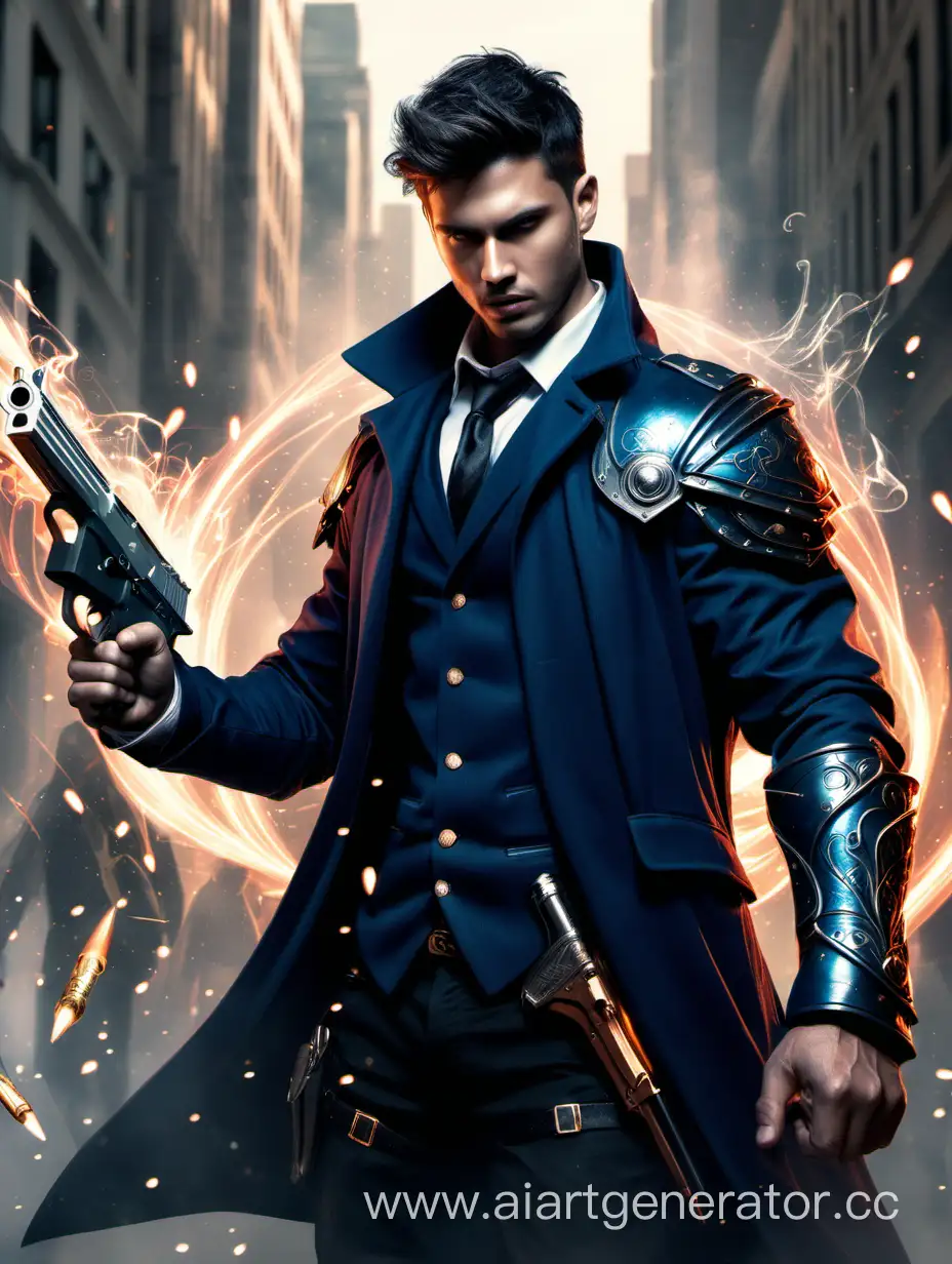Book Cover, A guy with magical protection around him blocking bullets.