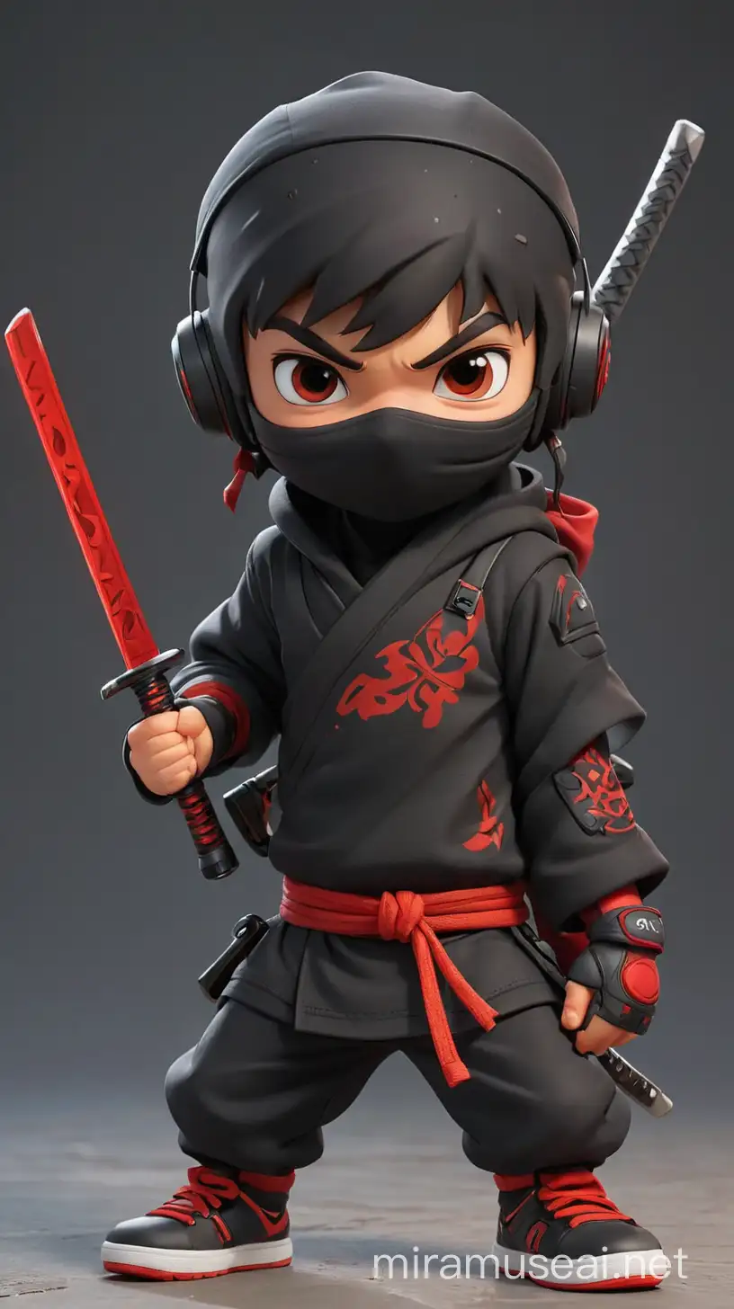 very adorable, small and cute mini ninja with swords in red and black. The background is clear. The figure is wearing headphones. He is wearing sneakers. Pupils are visible. The face is covered like a ninja's. He have sarp katana. High detail.