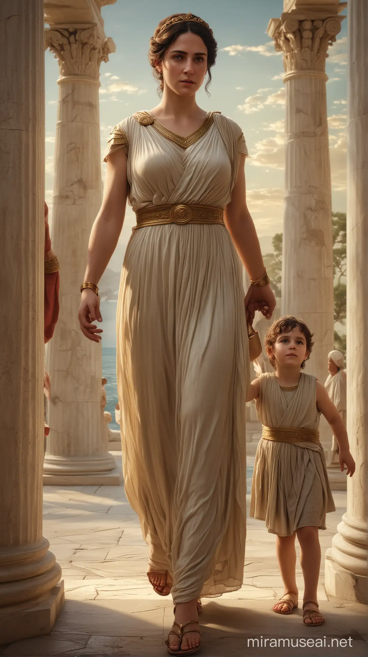 Imagery portraying Olympias, Alexander's mother, influencing him as a child, highlighting her significance in shaping his beliefs and ambitions. hyerrealistic