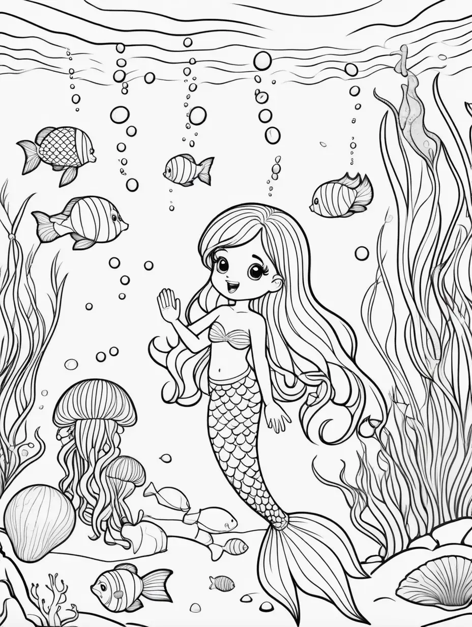 Adorable Cartoon Mermaid Coloring Page with Jellyfish and Sea Creatures