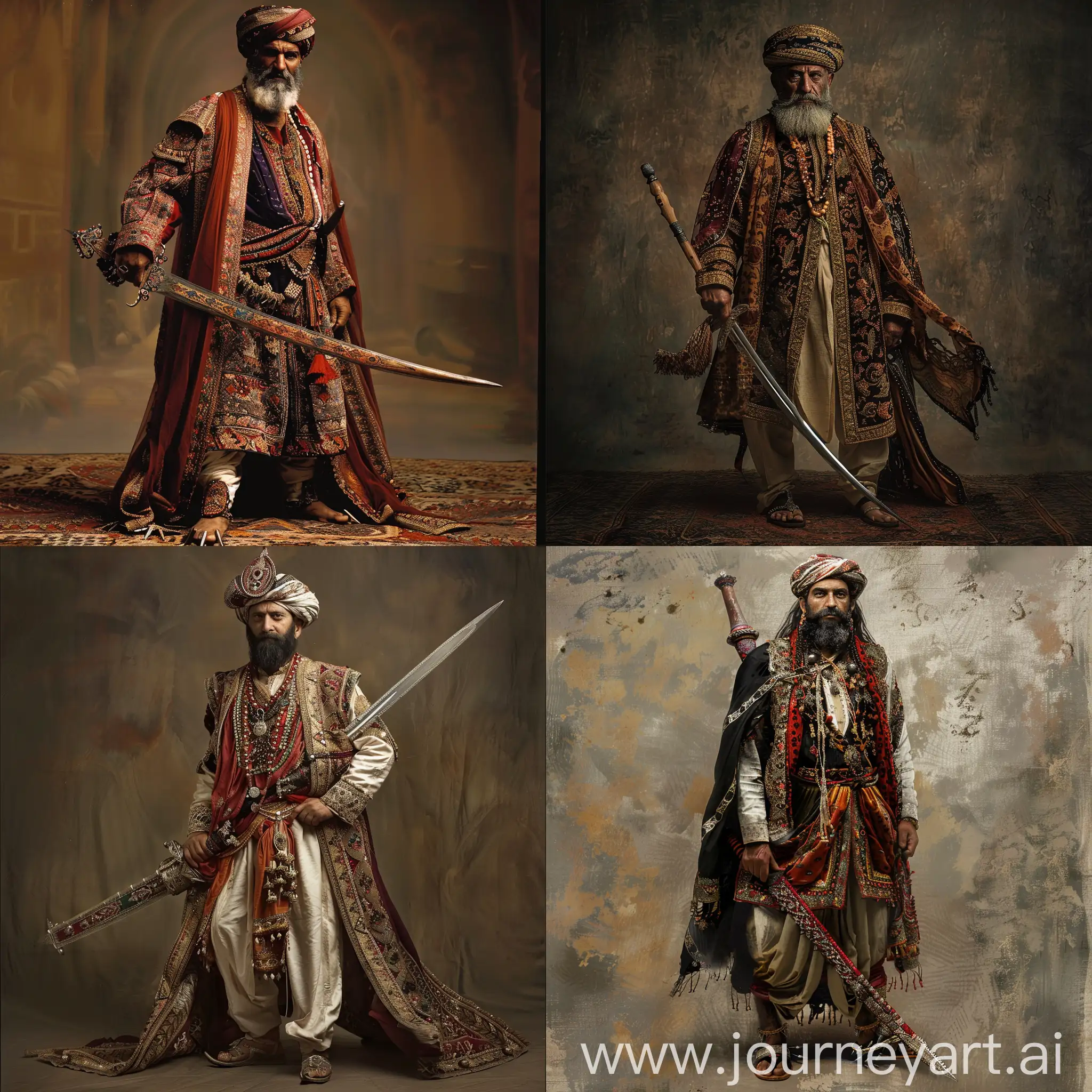 تصویری از سلطان یعقوب لیث صفاری بلوچ با لباس بلوچی و شمشیر و کفش نوک تیز بلوچی