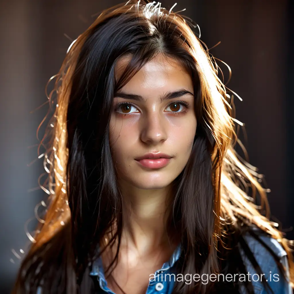 24 year old young European woman, long dark hair, narrow face, brown eyes