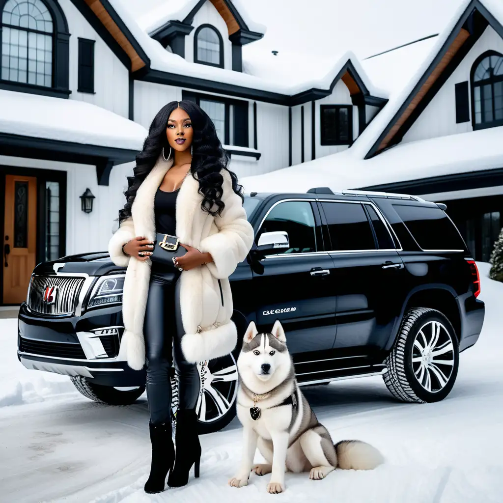 An realistic beautiful
Black woman wearing beautiful black colored long body wave hairstyle,  outside in front of her beautiful luxury home in the winter time standing in front of her luxury SUV Truck next to her beautiful all white husky dog. She is wearing luxury clothes wearing a full length mink coat and luxury boots and hand bag