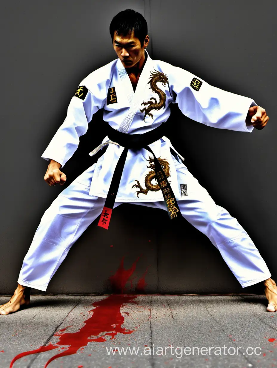 Martial-Arts-Mastery-Bloodied-Taekwondo-Black-Belt-in-Golden-Dragon-Uniform