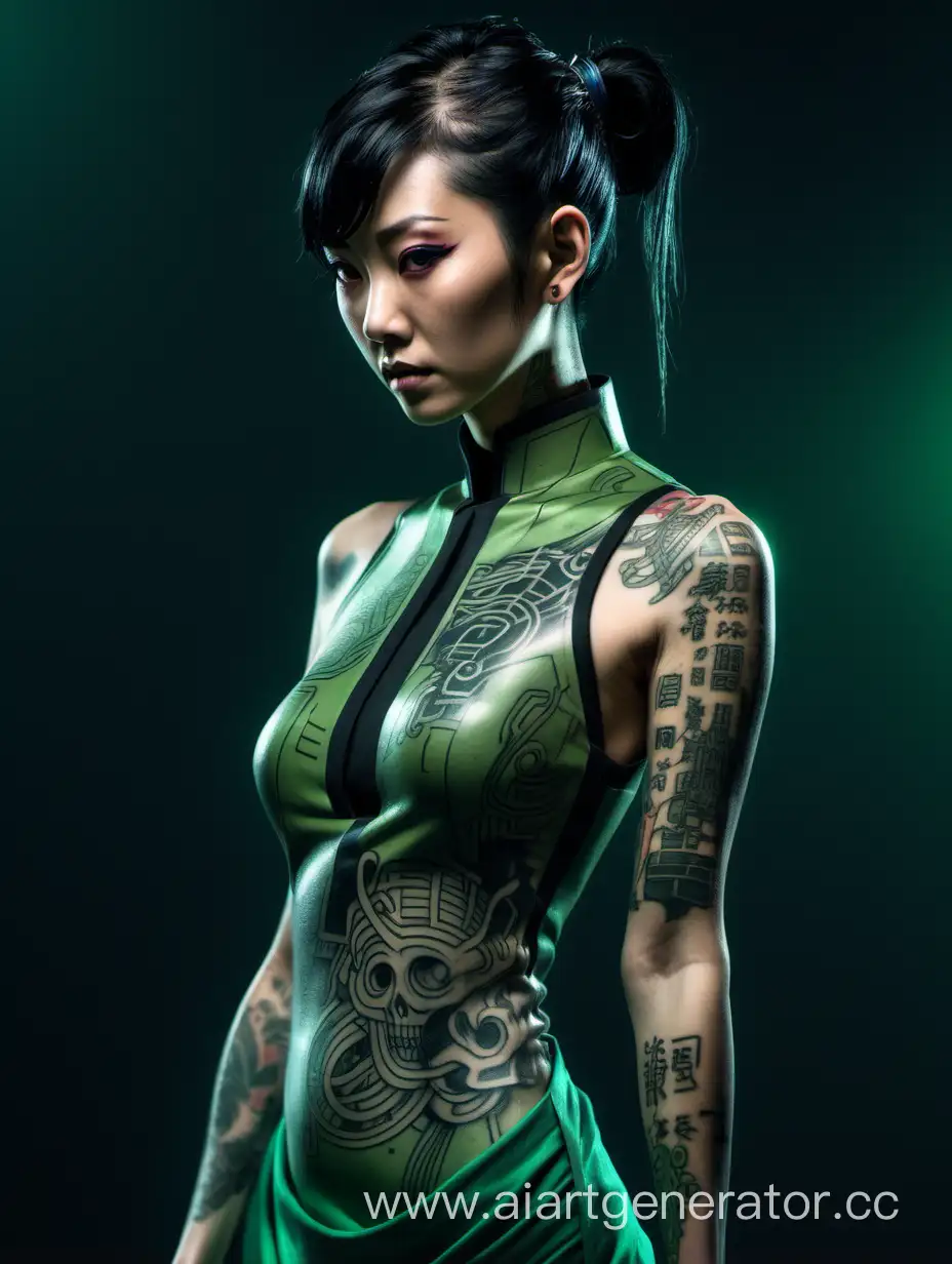 Skinny body, short black hair with ponytail, tattoos, cyberpunk long green asian dress, old asian female character 