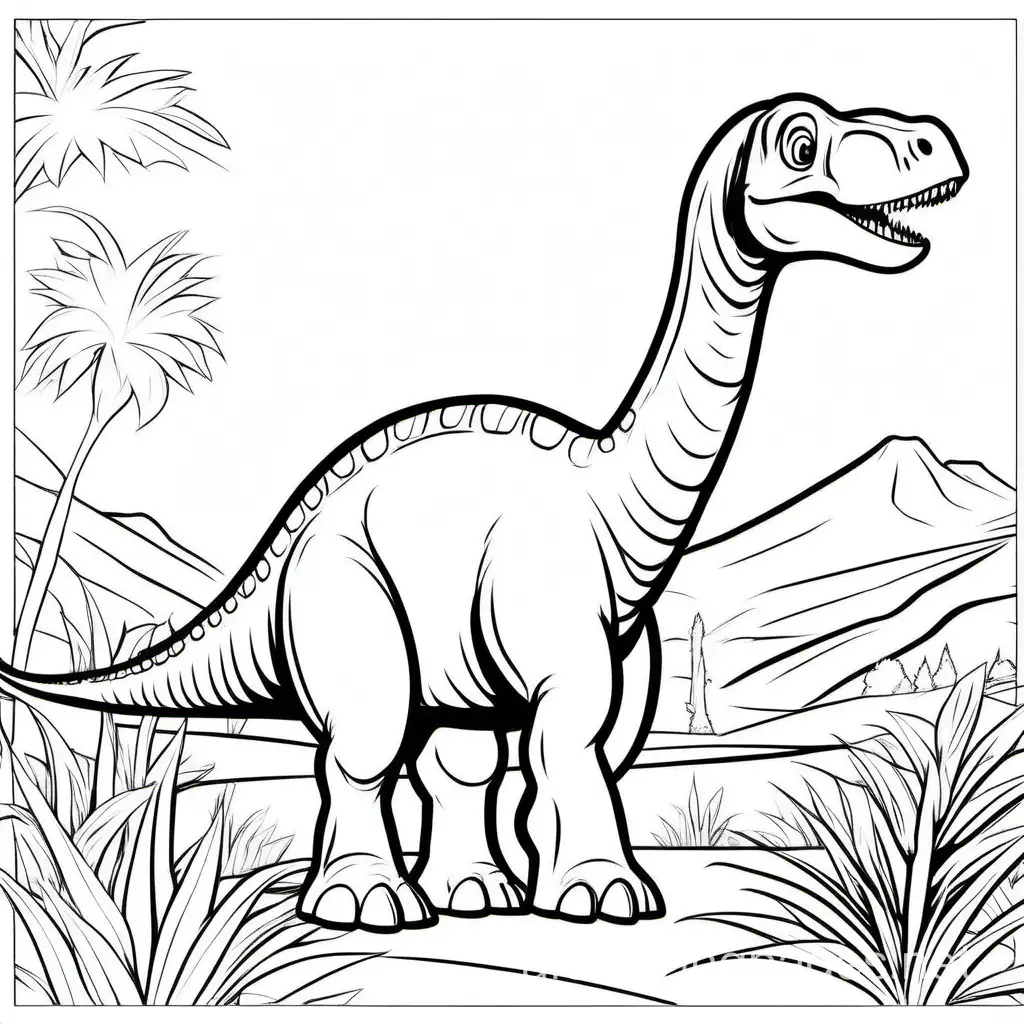The Brachiosaurus, Coloring Page, black and white, line art, white background, Simplicity, Ample White Space. The background of the coloring page is plain white to make it easy for young children to color within the lines. The outlines of all the subjects are easy to distinguish, making it simple for kids to color without too much difficulty, Coloring Page, black and white, line art, white background, Simplicity, Ample White Space. The background of the coloring page is plain white to make it easy for young children to color within the lines. The outlines of all the subjects are easy to distinguish, making it simple for kids to color without too much difficulty