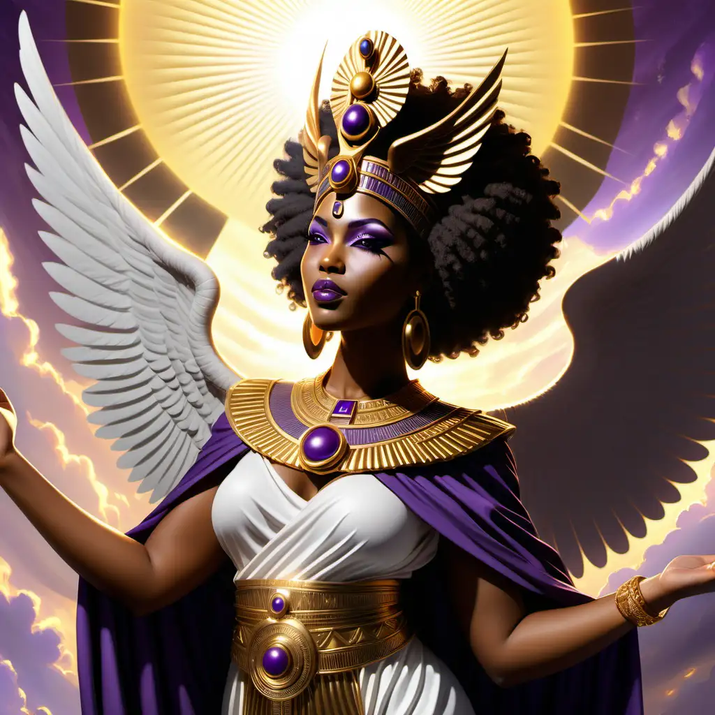 create a curvaceous African American woman with the wings of isis on her adorned in a gold crown, mini afro updo, brown eyes, purple, silver, gold and white Egyptian robe. standing in clouds with a ray of sun beaming down with the eye of Horus as a shadow in the background