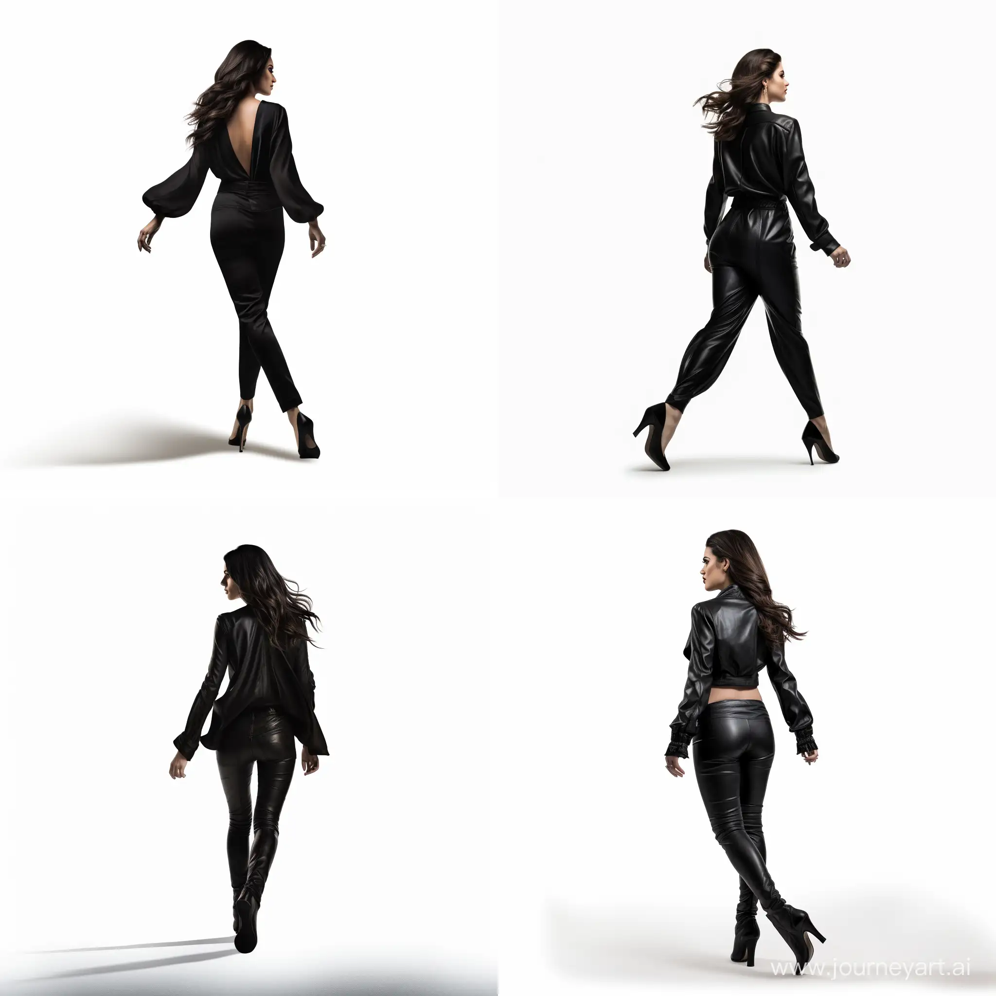 女人，双臂伸直，穿着高跟鞋，黑衣服，向前走路的姿势，白底图片
