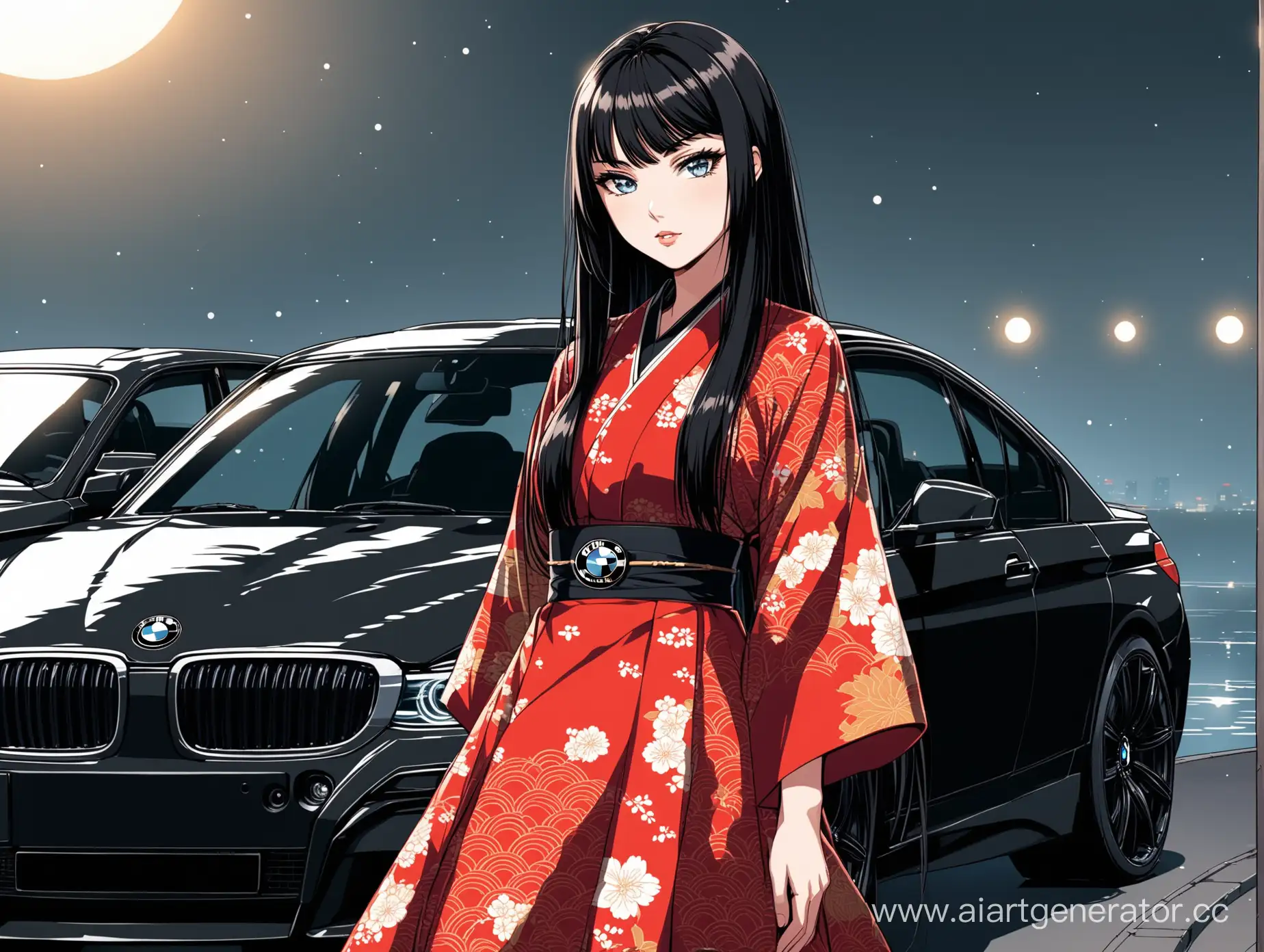 Ksenia Tokisaki is depicted in an anime style, with long black hair falling in smooth streams on her shoulders. Her gray-blue eyes sparkle mysteriously, embodying her enigma and confidence. She is dressed in stylish Japanese-Russian fashion, blending soft fabrics and bright patterns. Her image envelops, like a shadow, evoking interest and a sense of unattainable allure. In the background, an elegant black BMW is depicted, emphasizing her status and luxury.