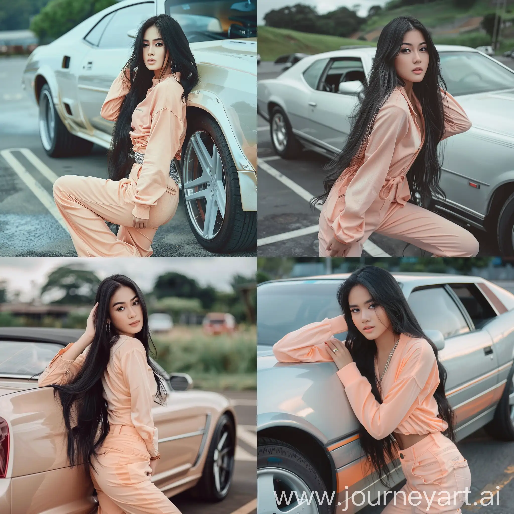 Elegant-Indonesian-Woman-Leaning-on-Expensive-Car-in-Parking-Lot