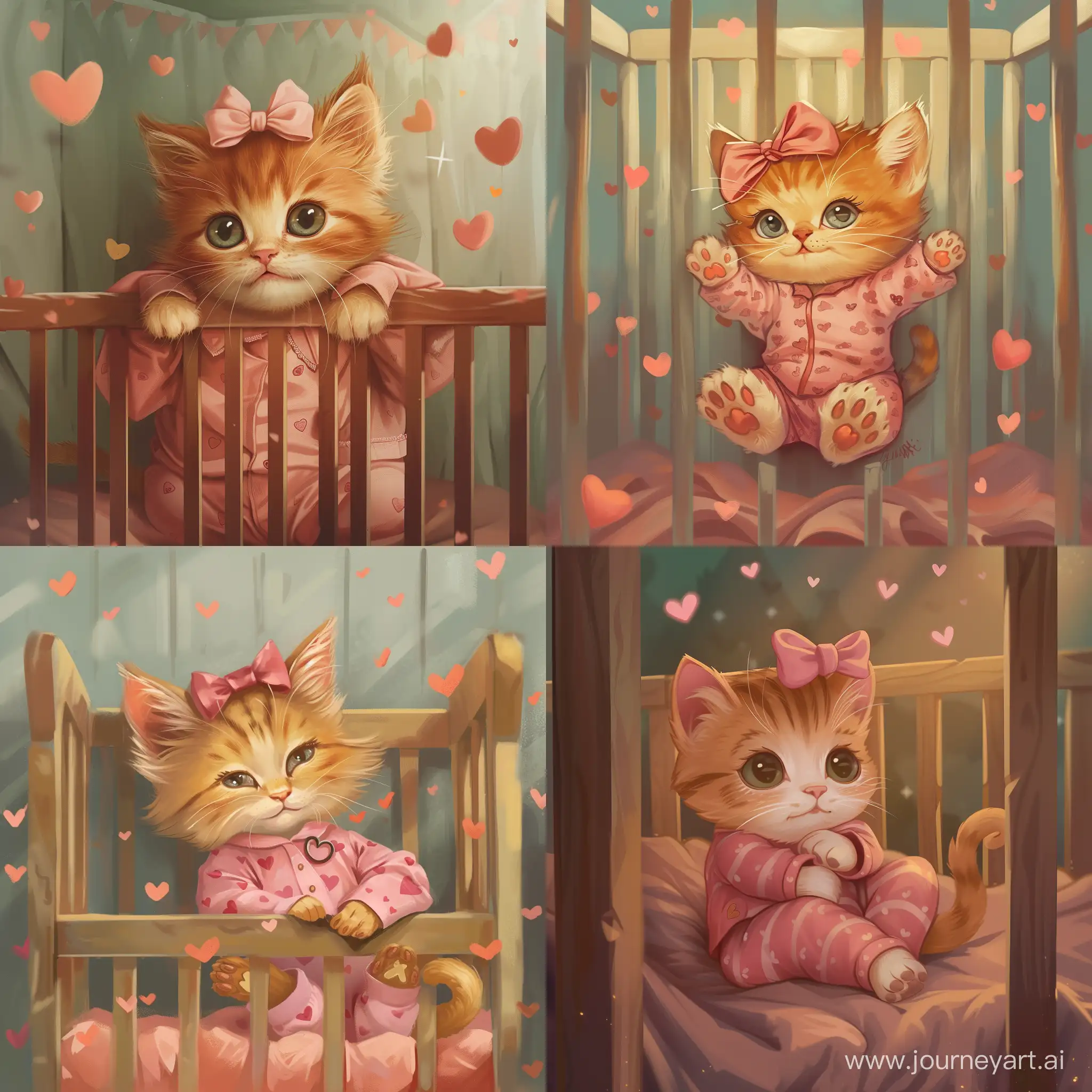 Adorable-PinkPajama-Ginger-Kitten-in-Crib-with-Hearts