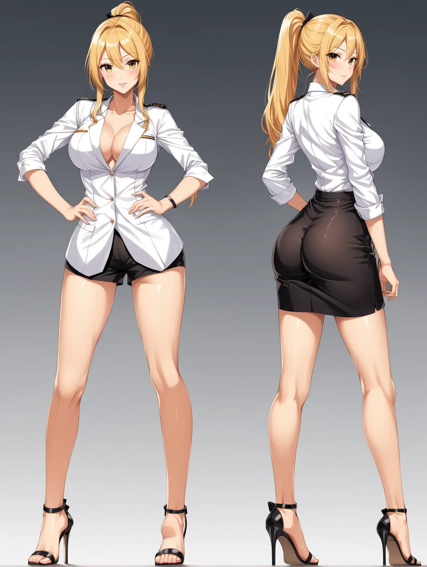 Sensual picture in full body of a hot anime girl, age 35, in director outfit, height tall, blonde hair, long ponytail, ankle strip high heels sandals, 2 poses