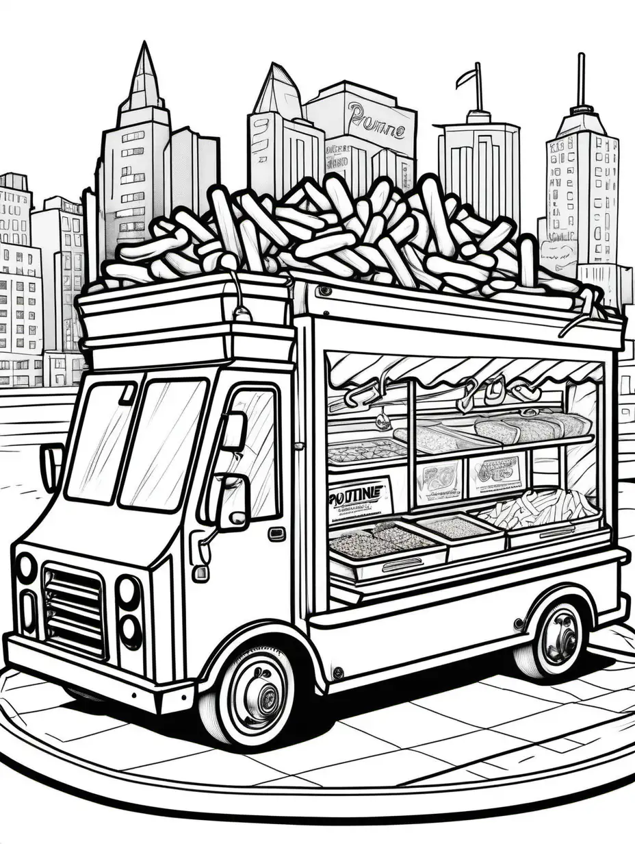 Canadian Poutine Truck Coloring Page with Variety of Toppings