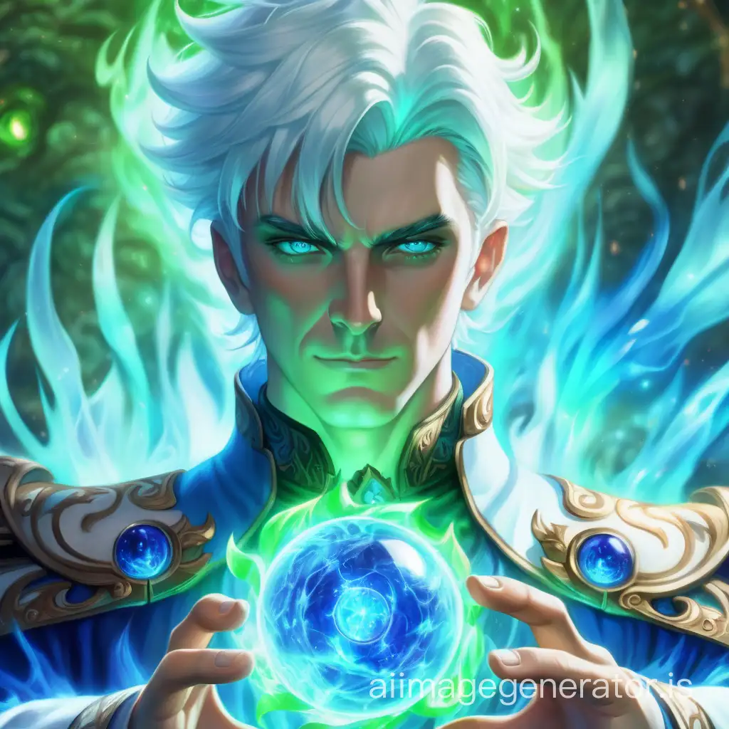(((4K)))) ((in full height)) (Looking straight at the viewer), bright blue eyes, short white hair, fantasy, aristocrat, sorcerer, a green fireball floats around him, hands hidden behind the back. Background: random