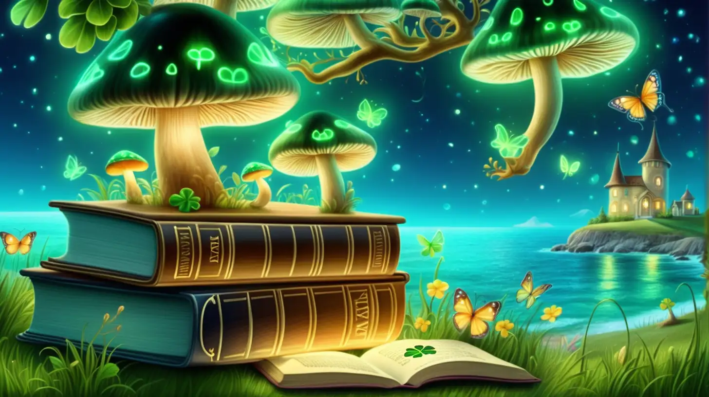 magical bookshelves magical -glowing-green-mushrooms. Fairytale-magical trees in front of ocean shore and butterflies. Bright -fairytale cottage with shamrocks and cauldron of gold